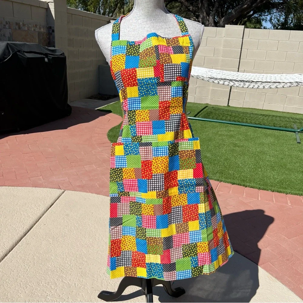 Vintage Handmade Apron Gingham Ditsy Floral Polka Dot Patchwork MCM Retro